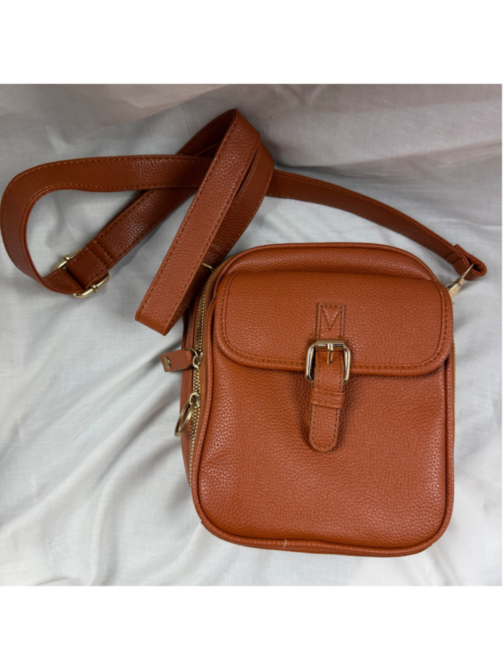 Brown Faux Leather Crossbody Strap Organizer Bag Buckle Accent Wallet Purse NWOT
